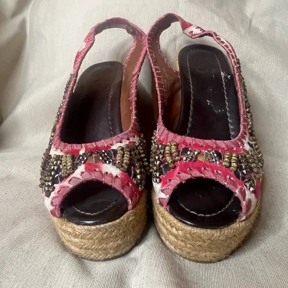 Bacio 61 Floral Beaded Wedge Peep-toe Slingback Espadrilles::EUC::Summer Staple